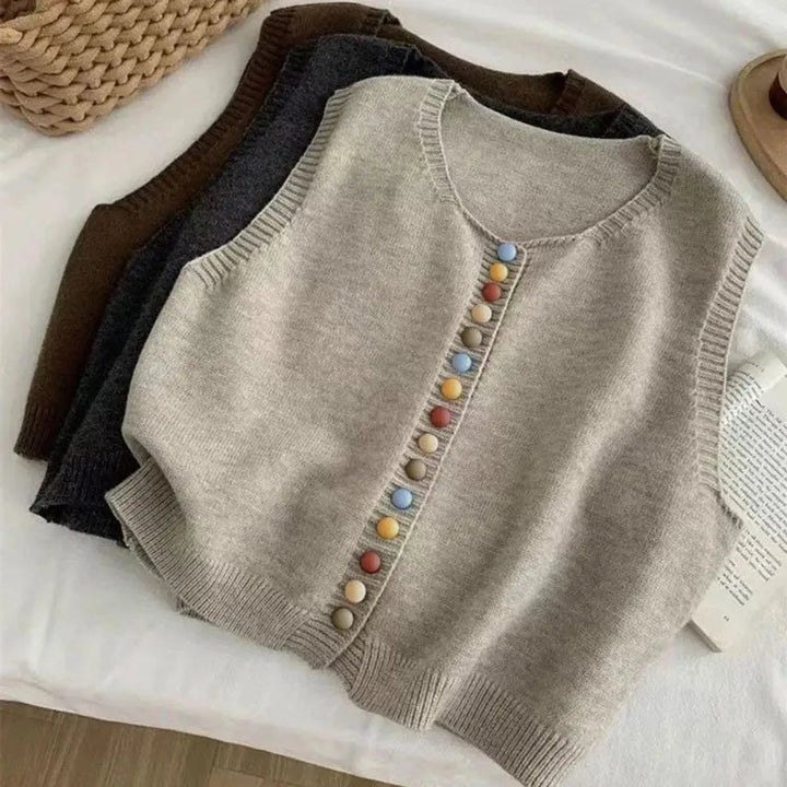 Elegant women's sleeveless button-front vest, perfect for versatile layering, a chic casual wardrobe staple.
