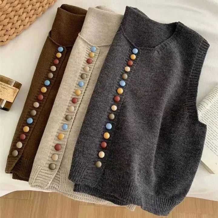 Casual women's button-front vest, sleeveless for comfort, versatile layering piece with a round neck.