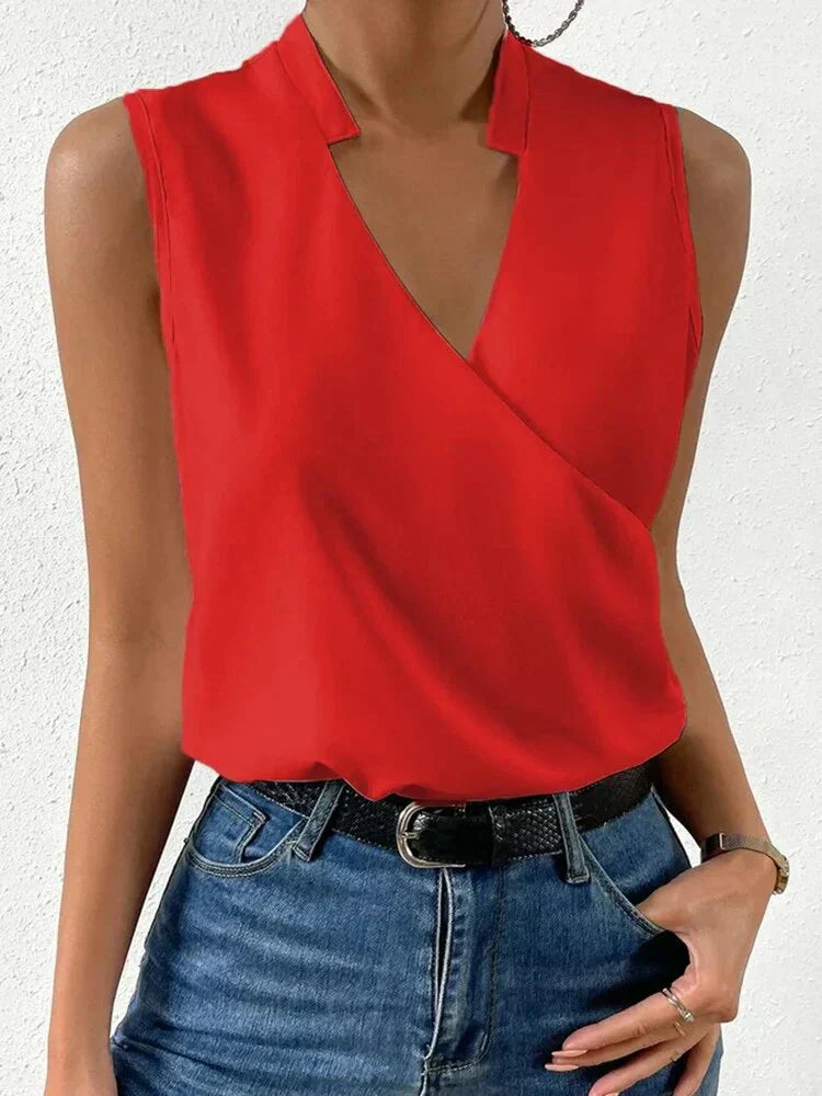 "Women's sleeveless summer blouse, white, chic and versatile design, perfect for casual or dressy occasions, breathable fabri