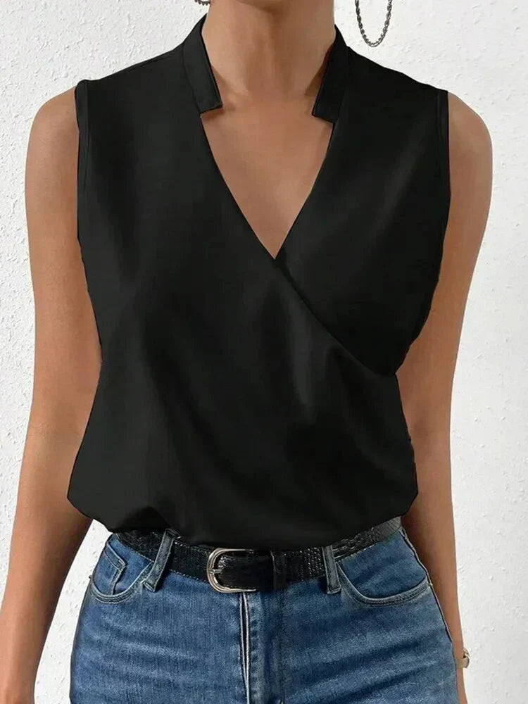 "Women's sleeveless summer blouse, white, chic and versatile design, perfect for casual or dressy occasions, breathable fabri