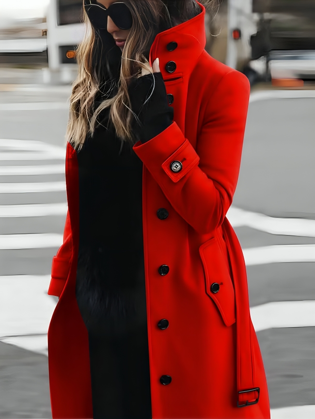 Women's slim-fit wool winter coat with long sleeves, showcasing sleek design; ideal for casual and formal settings.