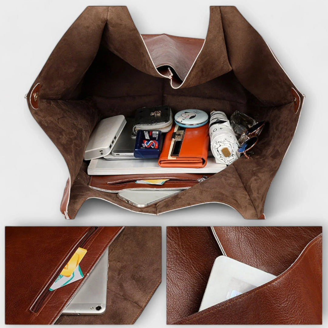 Trendy women's faux leather tote, perfect for a busy lifestyle with its spacious design & exterior pockets.