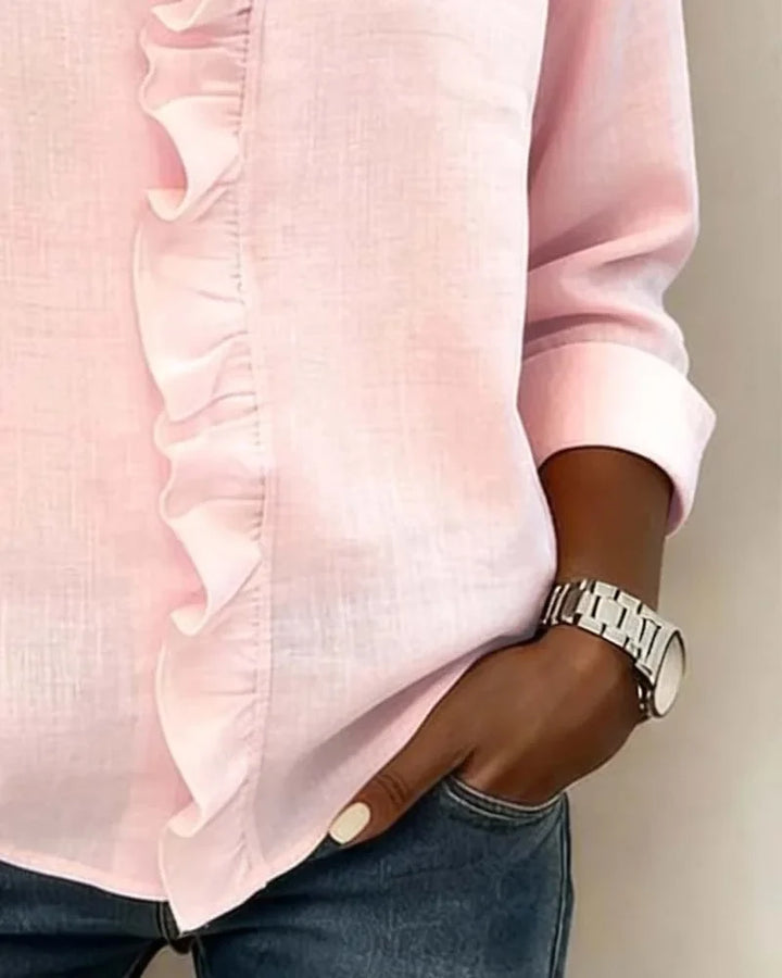 Trendy women's long-sleeve ruffle V-neck blouse. A relaxed fit, elegant top for spring fashion & versatile styling.