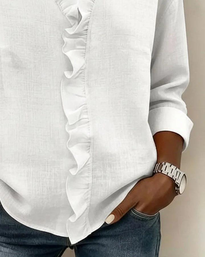Comfortable women's relaxed fit blouse. Features ruffle V-neck & long sleeves, perfect for spring fashion & office.