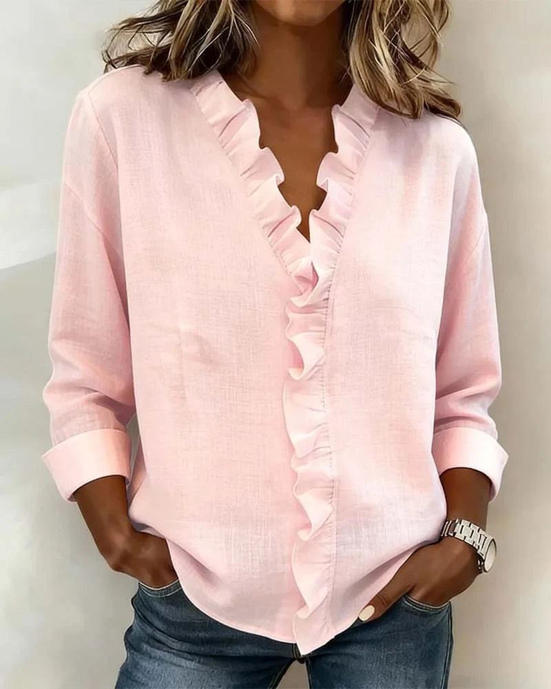 Elegant women's ruffle V-neck long-sleeve blouse. Relaxed fit top perfect for spring fashion & office wear.