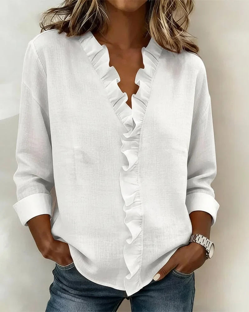 Versatile women's long-sleeve ruffle V-neck blouse. Casual chic or office elegant, a spring fashion essential.