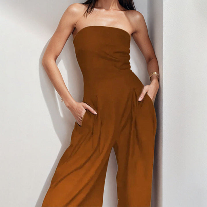 Women's strapless wide-leg satin jumpsuit, elegant tailored fit, sleeveless, chic evening style, luxe satin fabric.