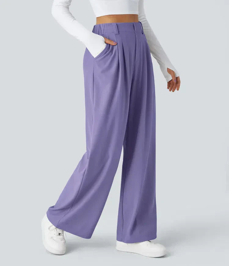 Women's stretch trousers, black, smooth fabric, tailored fit, flexible style, ideal for casual to formal outfits.