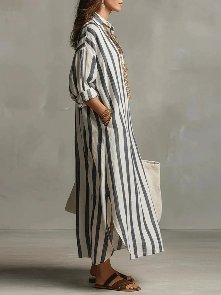 Elegant women's striped maxi dress with collared neckline & roll-tab sleeves, ideal for spring/summer.