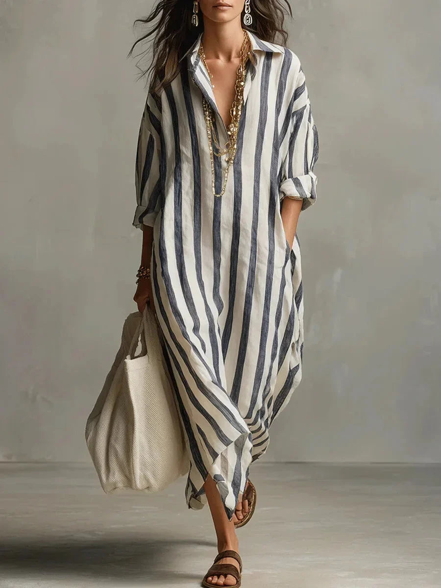 Women's striped maxi shirt dress with roll-tab long sleeves, perfect for casual spring & summer elegance.