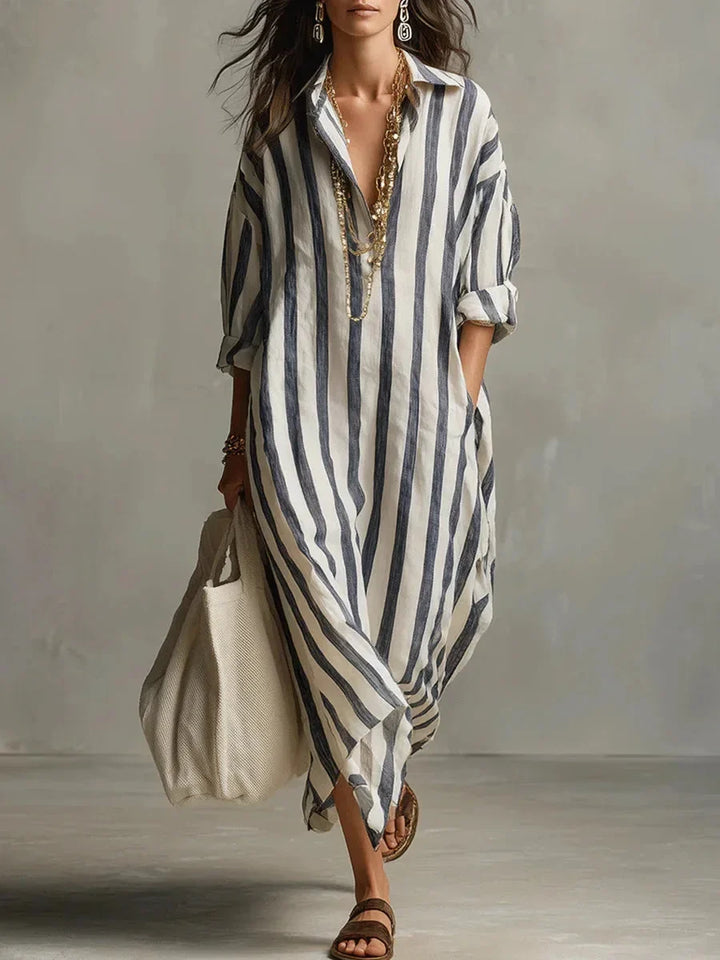 Women's striped maxi shirt dress with roll-tab long sleeves, perfect for casual spring & summer elegance.