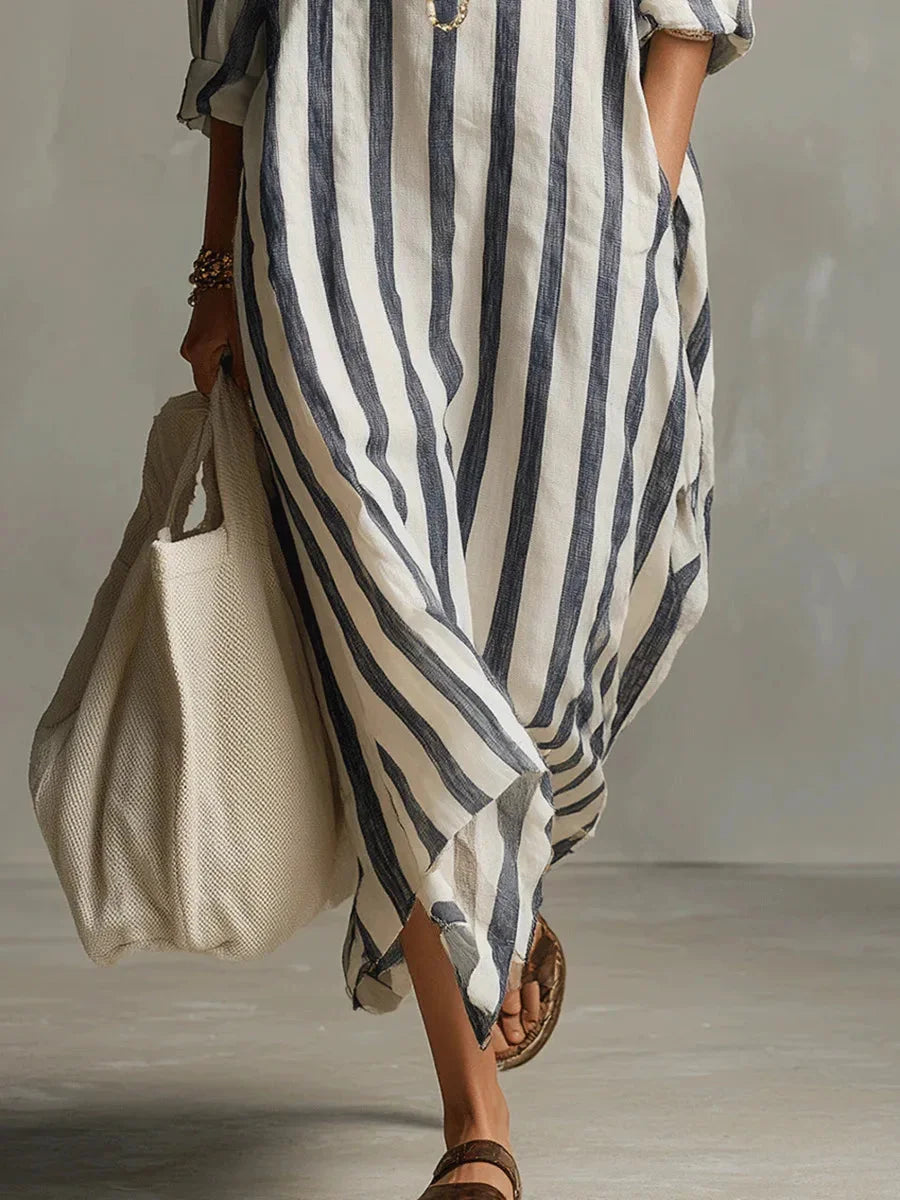 Versatile women's striped maxi shirt dress, long sleeves with roll-tab option, a chic choice for any day.