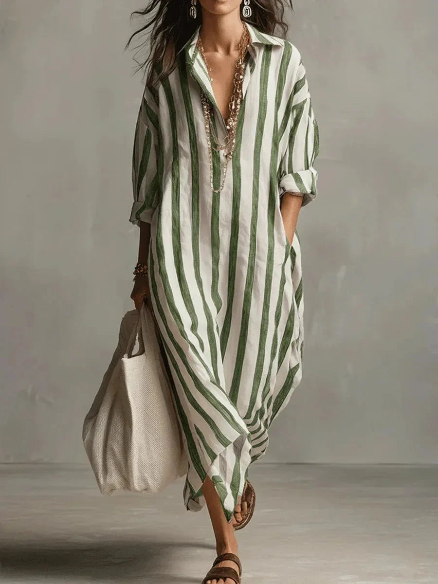 Classic striped women's maxi dress in a shirt style, offering a comfortable fit and stylish long sleeves.