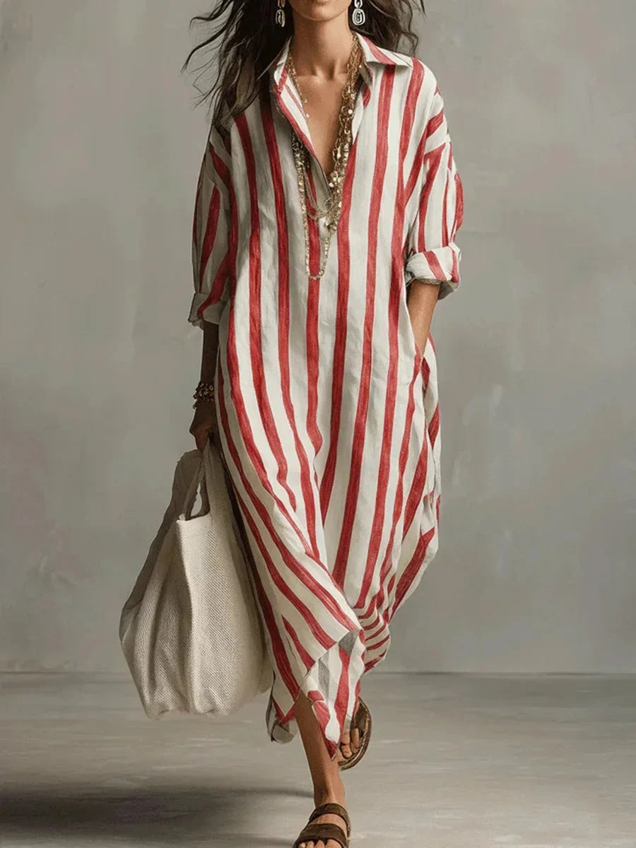 Stylish women's striped maxi shirt dress with roll-tab long sleeves, a must-have for elegant casual wear.