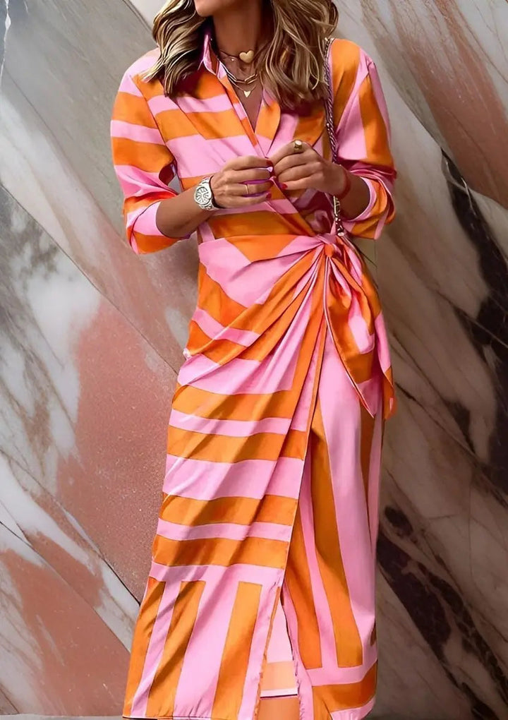 Women's striped wrap midi long sleeve dress, elegant for autumn/winter occasions.