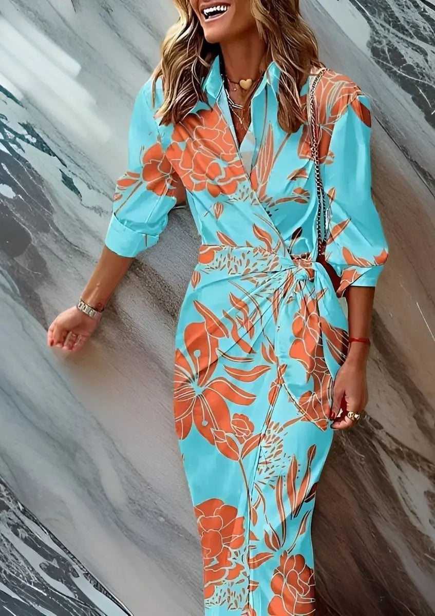 Woman in a chic striped long sleeve midi wrap dress, versatile & comfortable for any occasion.