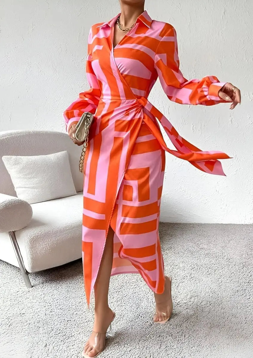 Comfortable long sleeve striped midi wrap dress, perfect for day-to-night wear & autumn fashion.