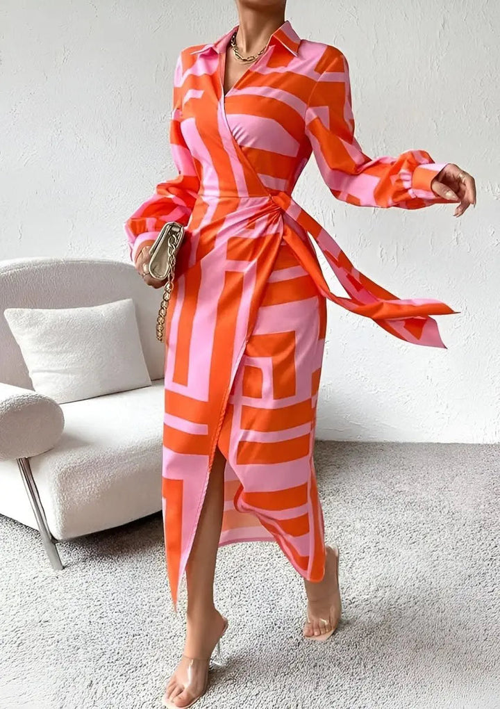 Comfortable long sleeve striped midi wrap dress, perfect for day-to-night wear & autumn fashion.