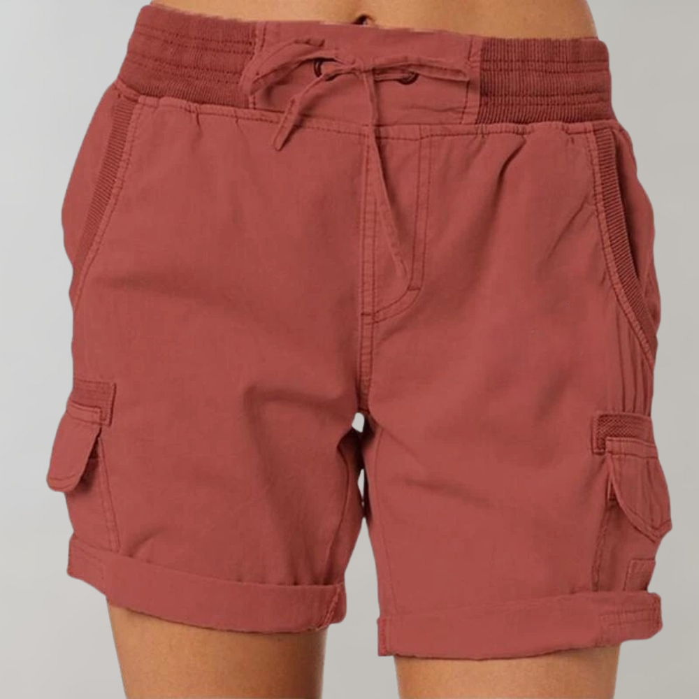 Women's stylish cargo shorts in Army Green with elastic waistband, multiple pockets; perfect for casual and outdoor activitie