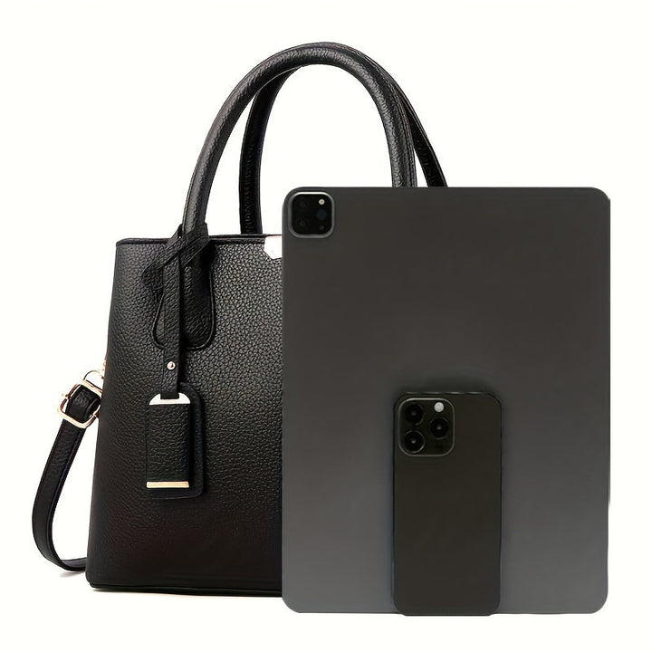 Women's stylish leather handbag with tote design, detachable crossbody strap, gold accents, spacious interior, elegant look.