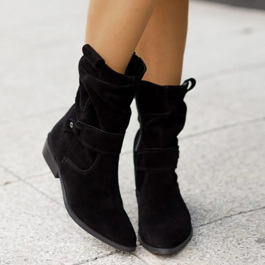 "Women's suede slouchy ankle boots with low heel, beige, side view, chic and comfortable, perfect for any outfit."