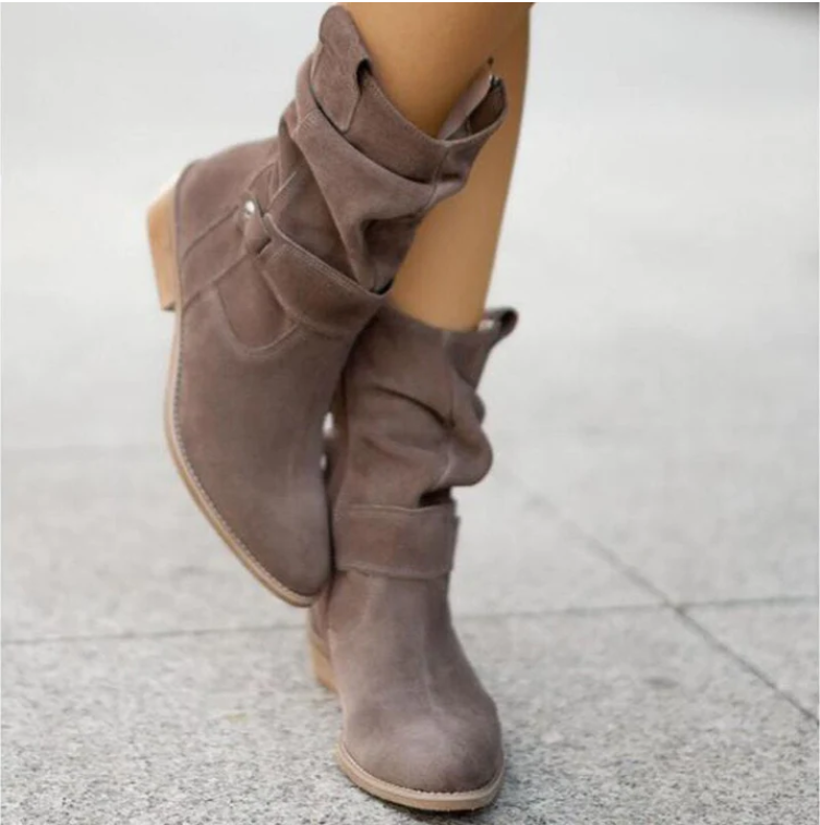 "Women's suede slouchy ankle boots with low heel, beige, side view, chic and comfortable, perfect for any outfit."