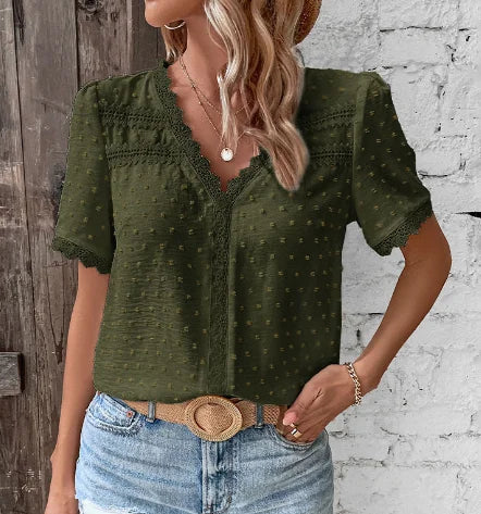 Chic women's V-neck Swiss dot blouse with lace detail, perfect for elegant casual wear or office summer style.
