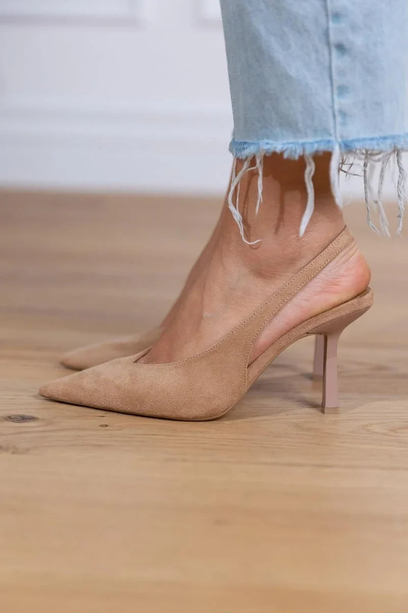 Chic tan pointed-toe slingback stiletto heels for women, versatile for evening, office, or dress wear.