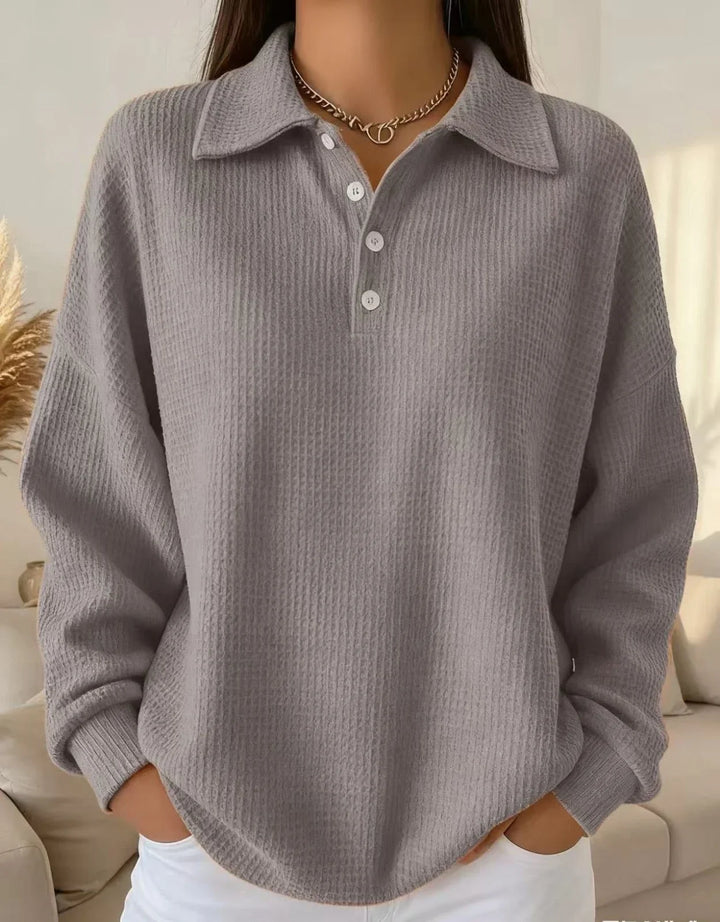 Comfortable women's textured long sleeve polo sweater, ideal for everyday wear and versatile ladies clothing.