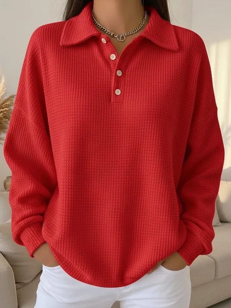 Women's textured polo sweater with long sleeves & button placket, perfect for smart casual everyday style.