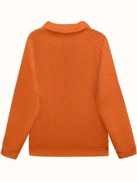 Cozy women's textured knit long sleeve sweater featuring a chic quarter-zip, perfect for winter fashion.