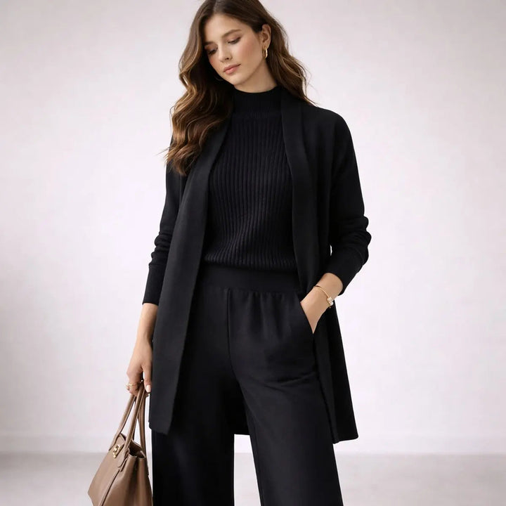 Versatile women's relaxed matching three-piece lounge set with a cozy cardigan & wide-leg pants for ultimate comfort.