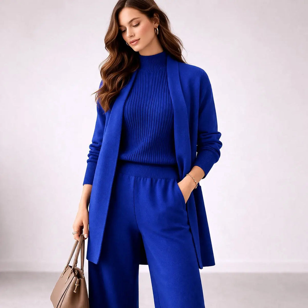 Everyday chic women's 3-piece lounge set: long cardigan, comfy cami, and wide-leg pants in a relaxed fit.