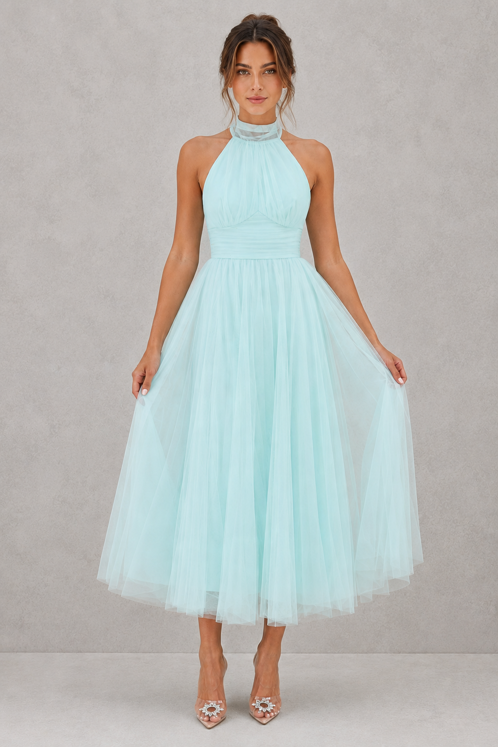 Feminine style midi evening dress for women, perfect for elegant special occasions.