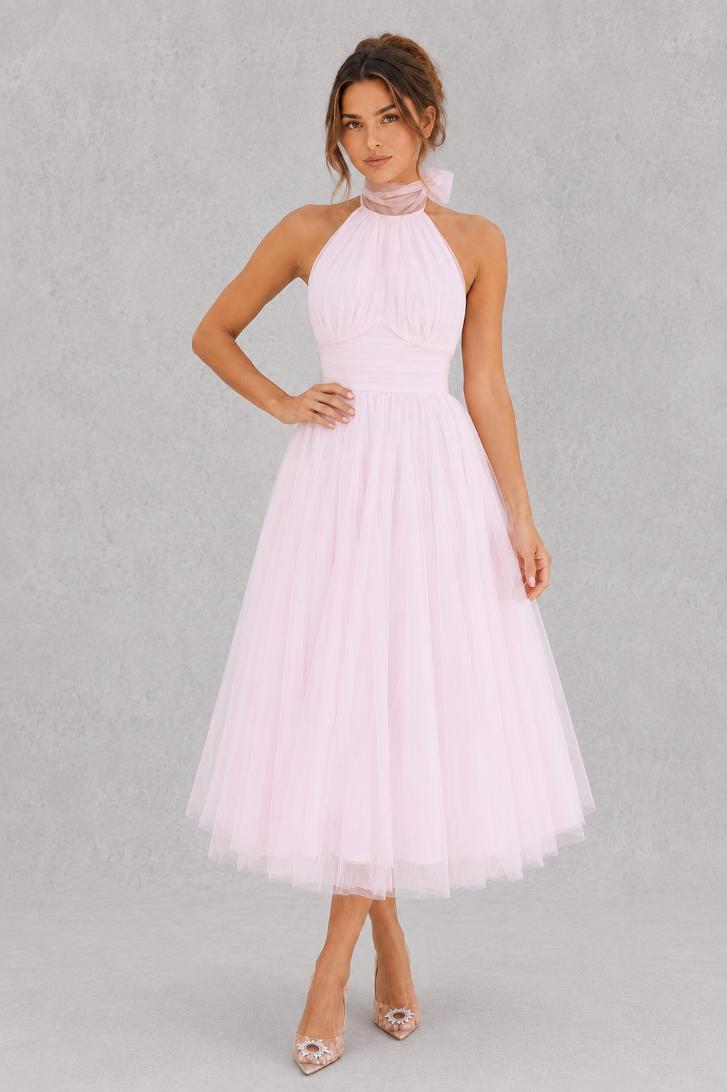 Ethereal women's midi evening dress, perfect for special occasions, wedding guests & formal parties.