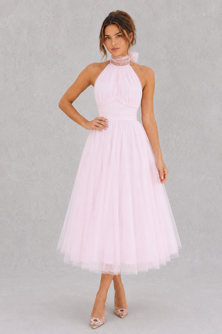 Ethereal women's midi evening dress, perfect for special occasions, wedding guests & formal parties.