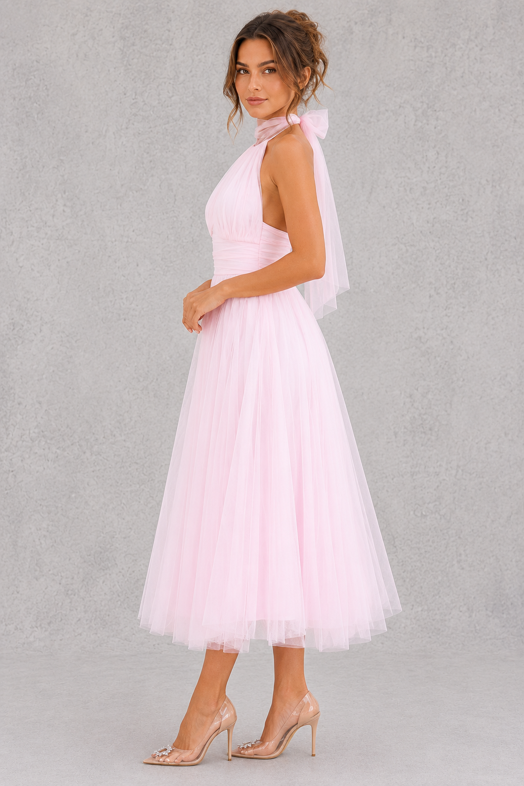 Elegant women's tulle midi dress for formal events, romantic occasions & evening wear.