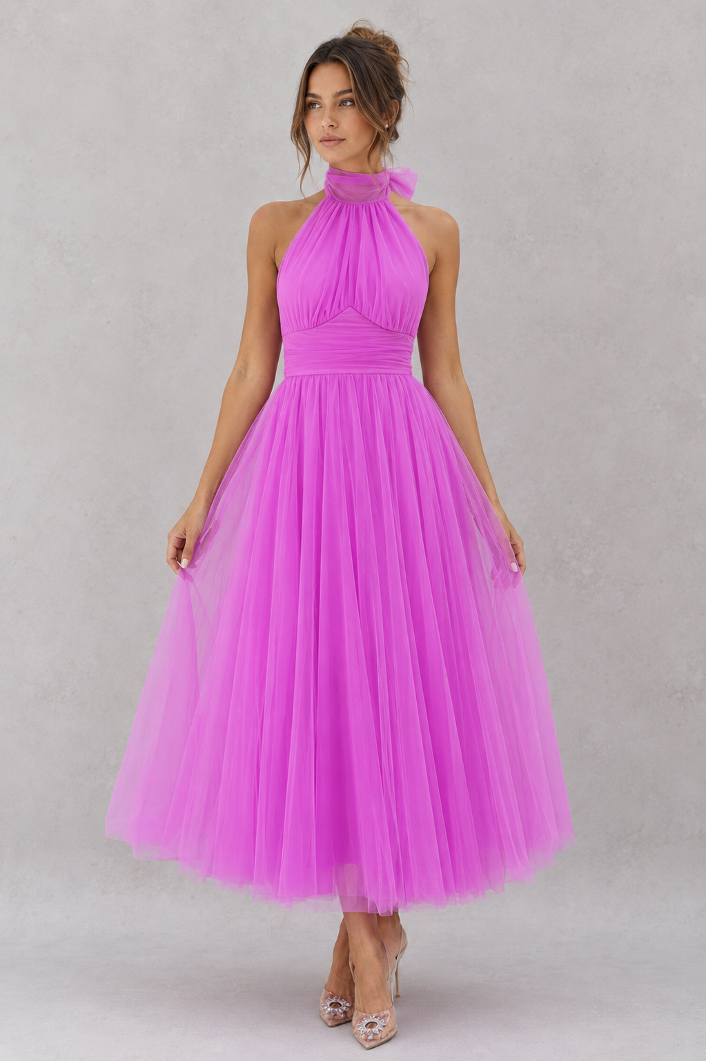 Beautiful women's tulle midi dress, a flattering choice for wedding guests & special occasions.