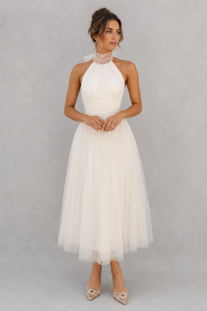 Ethereal women's formal midi dress with a flattering fit, great for elegant special occasions.