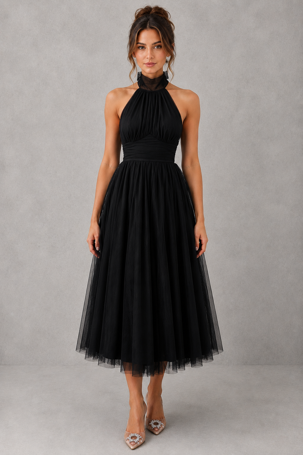 Romantic tulle women's midi dress for special occasions, evening wear, and elegant parties.