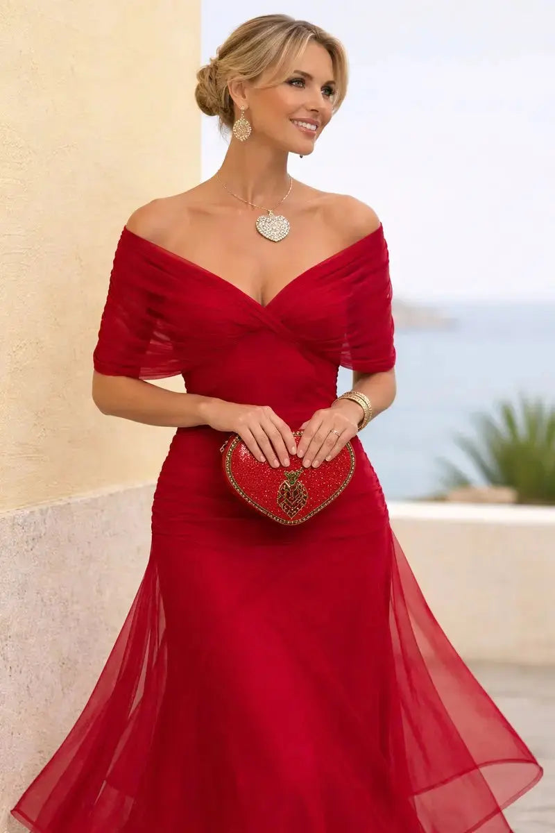 Long formal V-neck dress, ruched waist, perfect for a wedding guest or cocktail party.