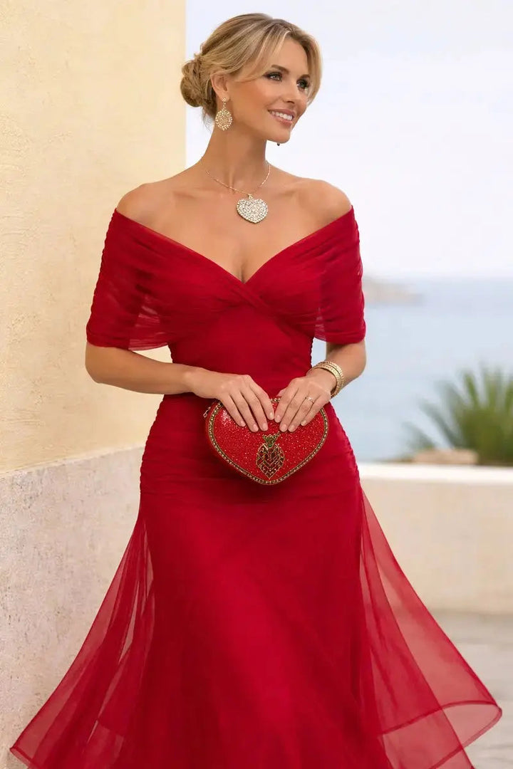Long formal V-neck dress, ruched waist, perfect for a wedding guest or cocktail party.