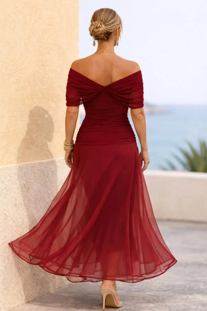 V-neck ruched waist maxi cocktail dress, elegant womens fashion for formal occasions.