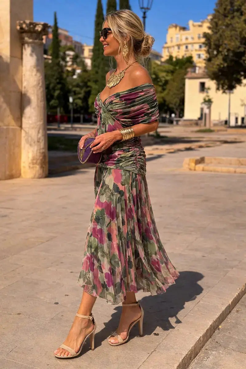 Formal V-neck maxi dress, ruched waist, elegant style for women's special occasions.