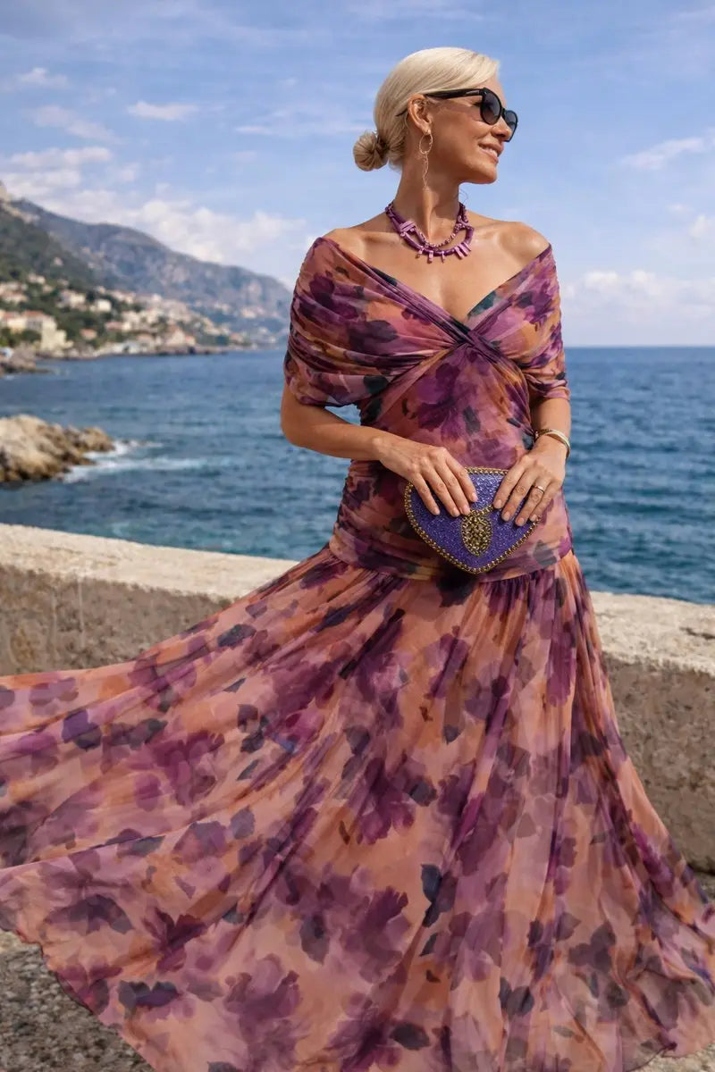 Wedding guest V-neck ruched waist maxi dress, elegant & comfortable long formal wear.