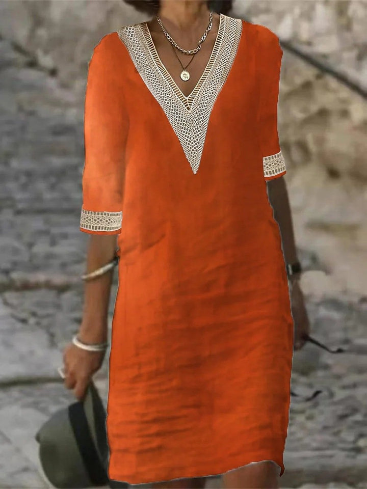 "Women's V-Neck Lace Trim Midi Dress with 3/4 sleeves, relaxed fit, elegant lace detail, perfect for summer outings."