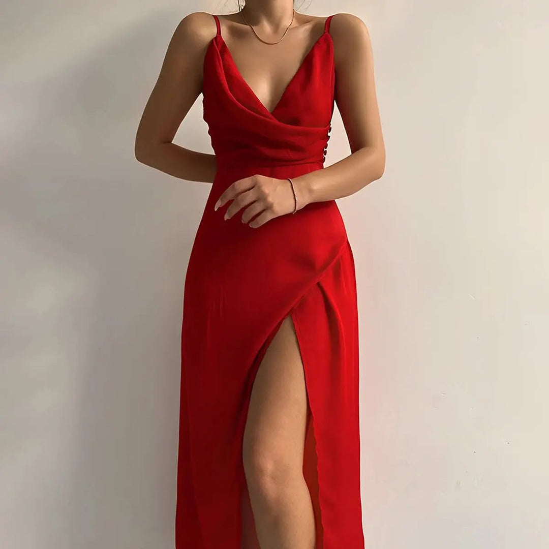 Chic spaghetti strap V-neck maxi dress with thigh slit, ideal for cocktail parties, weddings & special occasions.