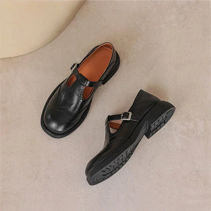 Everyday elegant Mary Jane sandals for women, flat and comfortable with brogue details & buckle.