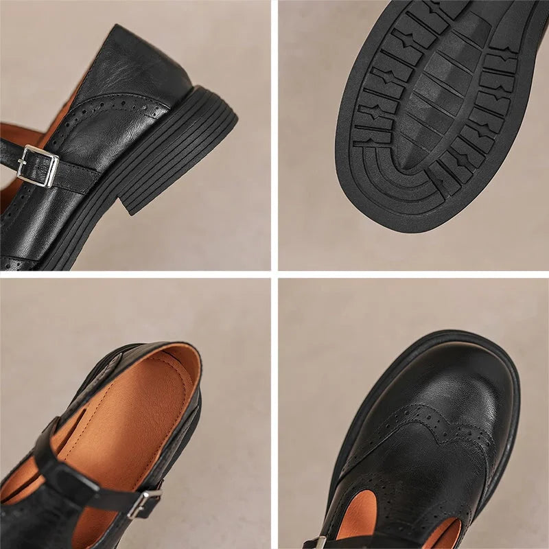 Elegant women's Mary Jane sandals, classic flat design with brogue details, perfect for dress or casual.