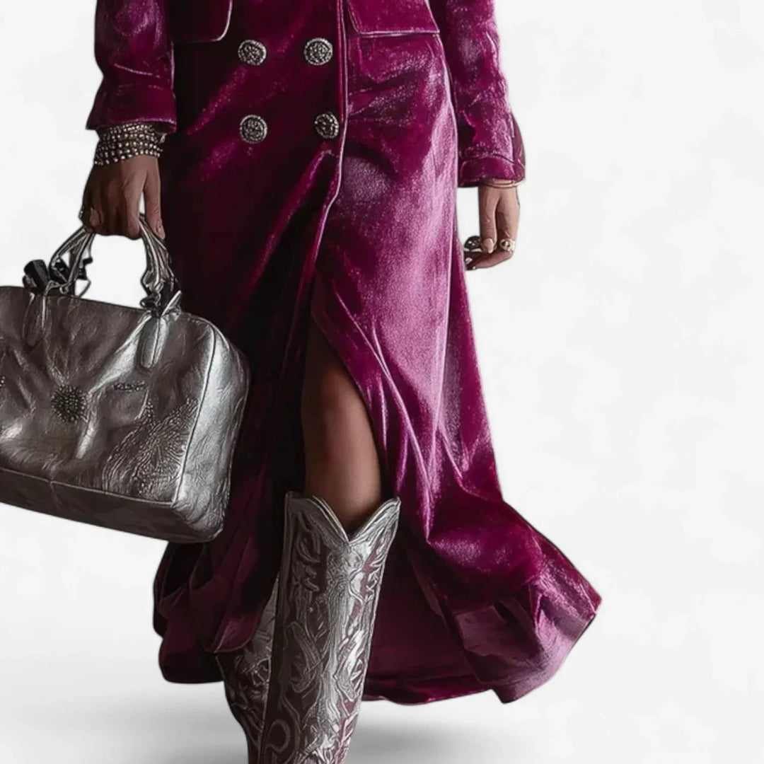 Sophisticated women's formal double-breasted midi dress in magenta, featuring a chic lapel and long sleeves.
